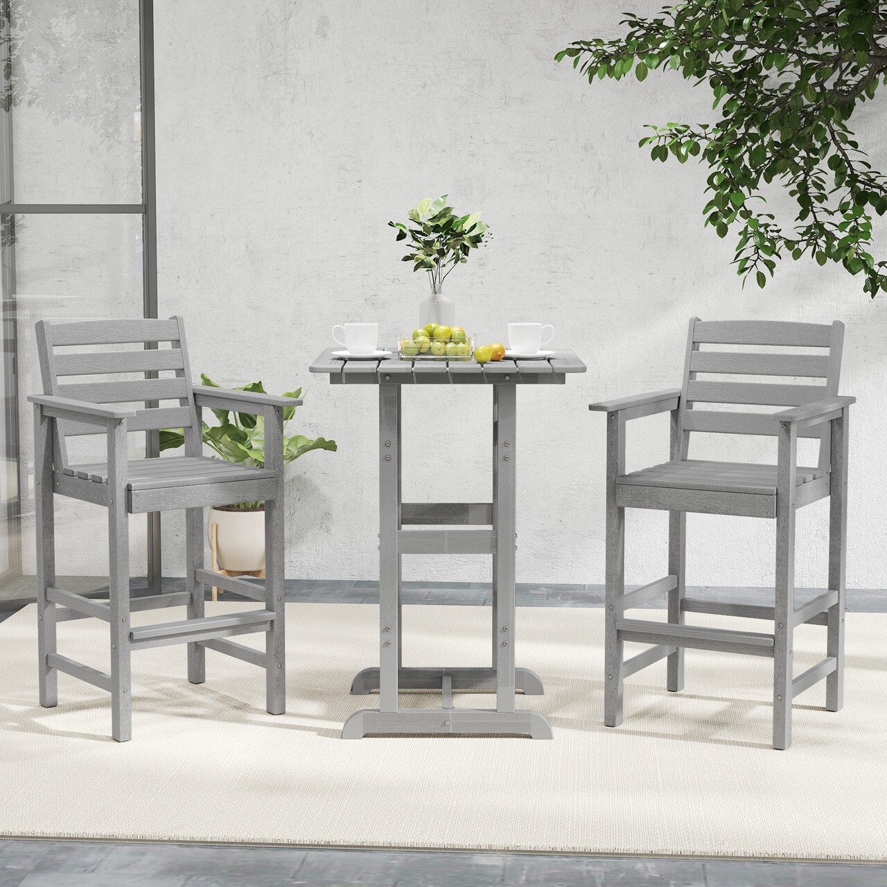 Set of 2 Patio HDPE Adirondack Bar Chairs with Wide Armrests and Inclined Backrest Perfect for Outdoor Use